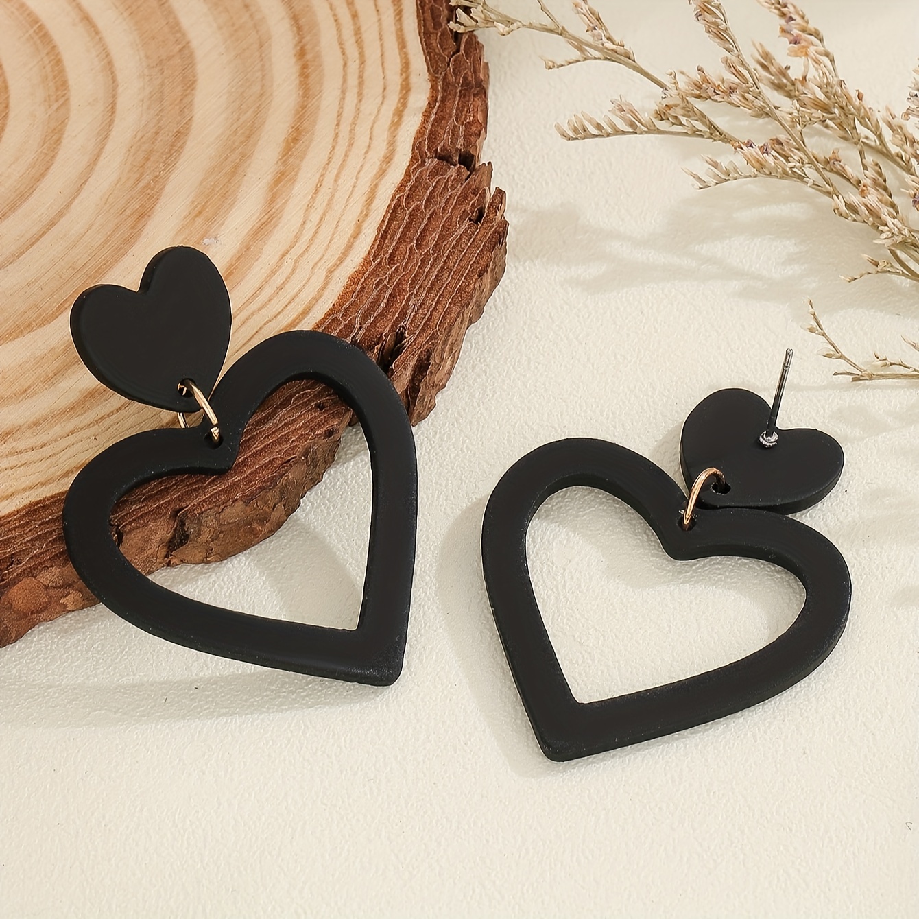 Women's Black Hollow Heart Design Dangle Earrings, Valentine's Gift